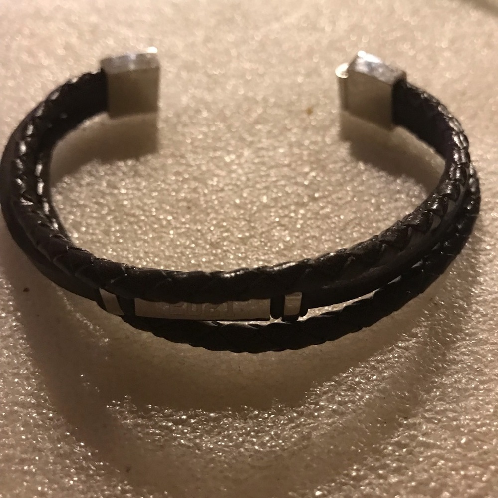 Men's Black Braided Leather Cuff Bracelet with Silver Accents
